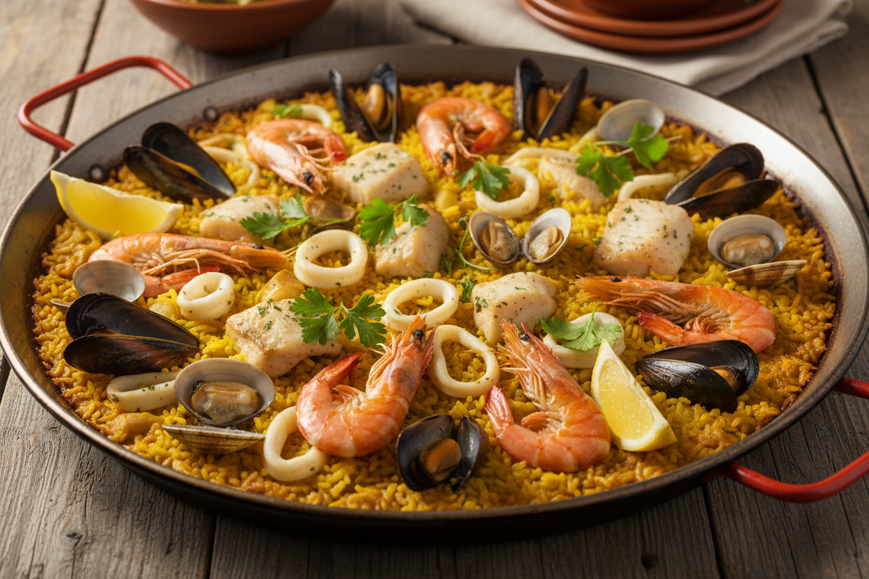 Paella valenciana con mariscos