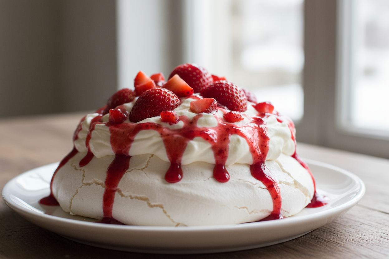 postre pavlova de fresas con mermelada